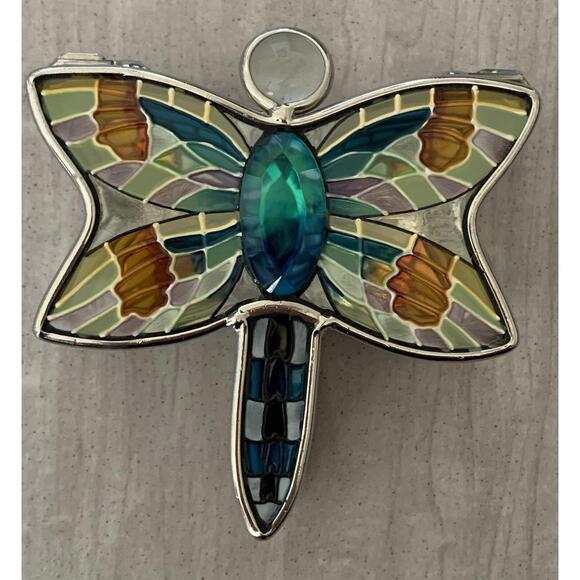 Amia Studios Hand Painted Dragonfly Stained Glass Mirror Bottom Trinket Box - Picture 1 of 6